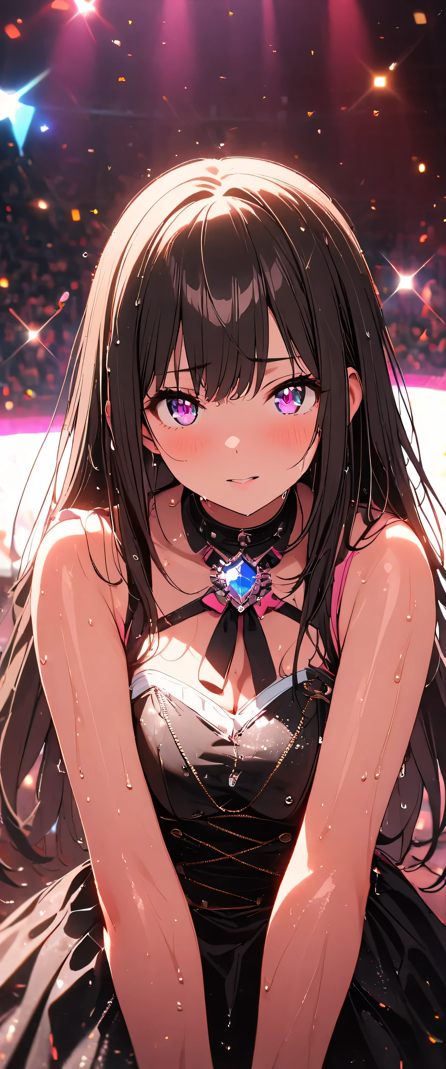 lie on one’s back,side view,Licking the glow stick,open mouth,tongue out,cum on tongue,1girl,((((())))),(((((Short,))))),slender,small breasts ,looking at viewer, looking ahead,from above,upper body,Black Hair,Long Hair,one side up,Gray Eyes,Drooping eyes,slit pupils,narrow eyes.Mischievous smile,Sheer black and pink negligee,Sexy Lingerie,Collar with leash,Dimly lit room,On the bed,Dim lighting,Beautiful and detailed anime art
