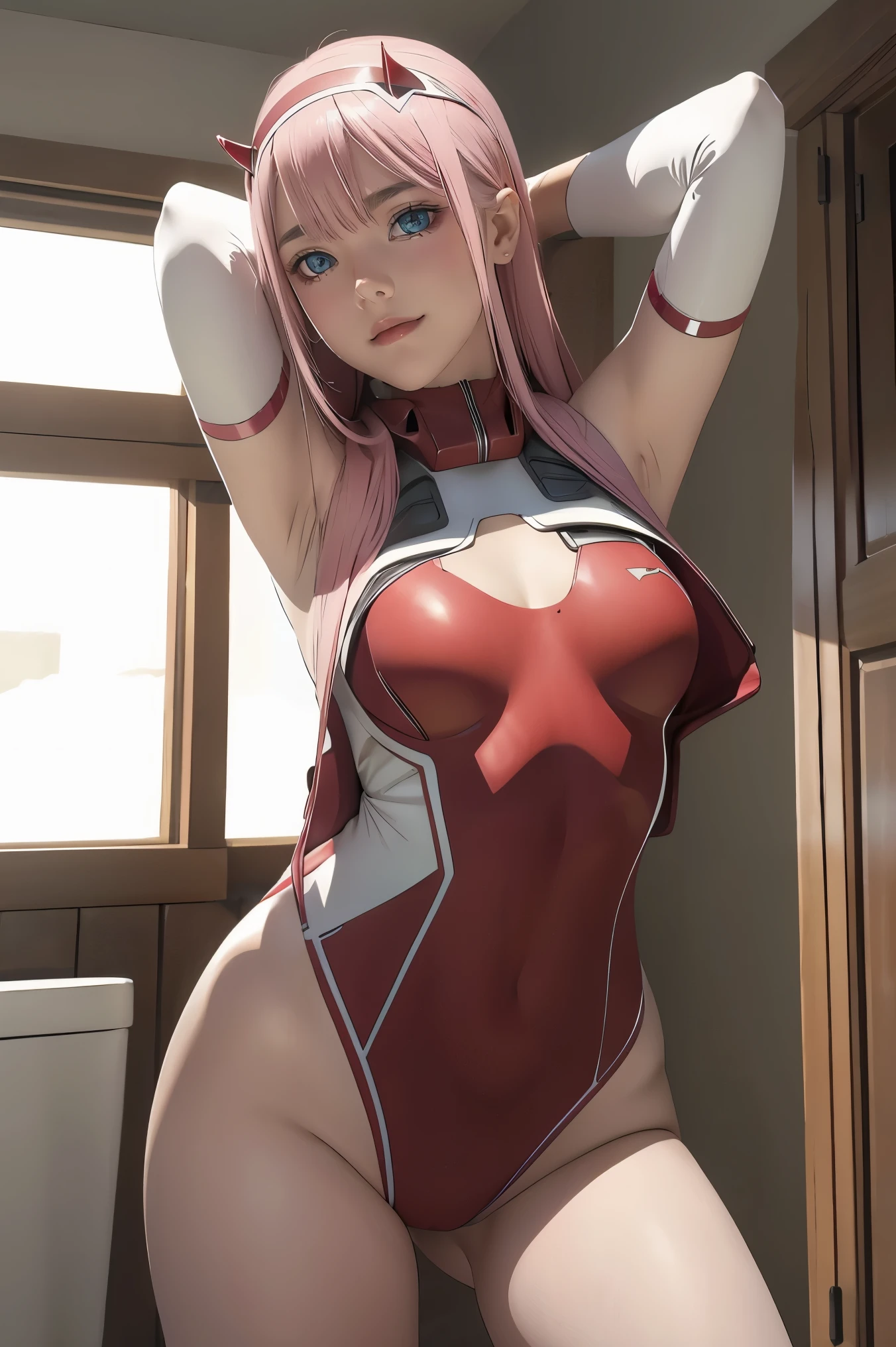 ((best quality)),((highly detailed)),masterpiece,absurdres,detailed face,beautiful face,((detailed eyes, deep eyes)),(1girl),((dynamic pose)), Zero_Two, green eyes, 1girl, solo, red bodysuit, long hair, pilot suit, pink hair, bodysuit, straight hair, hairband, standing, horns, breasts, bangs, closed mouth, looking at viewer, medium breasts, white hairband, skin tight, blunt bangs, makeup, eyeshadow, very long hair, sidelocks, expressionless, hair between eyes, red horns, shiny hair, towards viewer, smile,