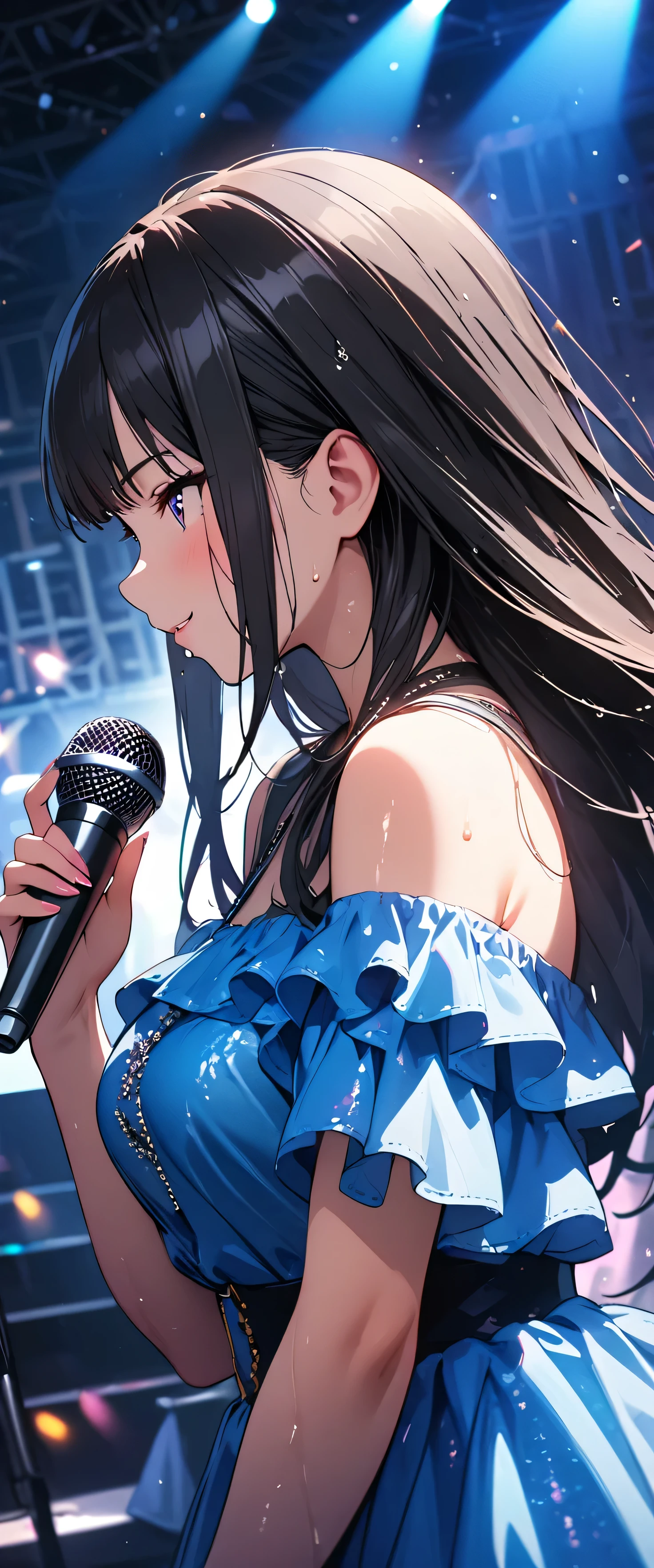 (beautiful girl: 1.3),1girl,masterpiece, Highest quality, Ultra-high resolution,rich contrast,super high quality,8k,Highly detailed CG unit wallpaper,texture,Incredibly absurd,Ultra-high resolution,RAW Photos,Depth of Field 1.2,(Black Hair,Straight Hair),Ultra-detailed eyes,Glowing Skin,wet,sweat,Glitter effect,Beautiful glossy lips,Live Performance Venues,Super large stage,(Blue Dress:1.3),Super smile,Raise your hand and point the microphone to the audience,(profile:1.5)