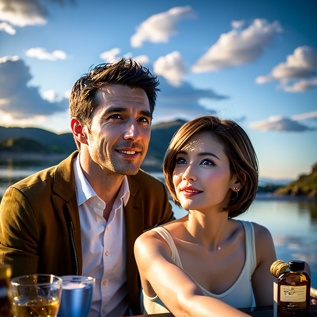 ((Highest quality、、masterpiece:1.3))、1 male、1 female、43 years old 39 years old、Slim Beauty、Beautiful couple、Upper Body、smile、 (Slim face), (the body is スリム), (Brown Hair), (Shortcuts), テーブルのフルコースディナーとwine glass、Amazing view of the sunset sky and clouds、smileの美しさ、Wine bottle、sparkling wine、Long sleeve shirt、dress、White wine, red wine, wine glass, Beautiful fine grain, Depth f/2,saturation, High Contrast, Strong light and shadow,Moist Body:1.5、3D texture、The hair is very shiny、