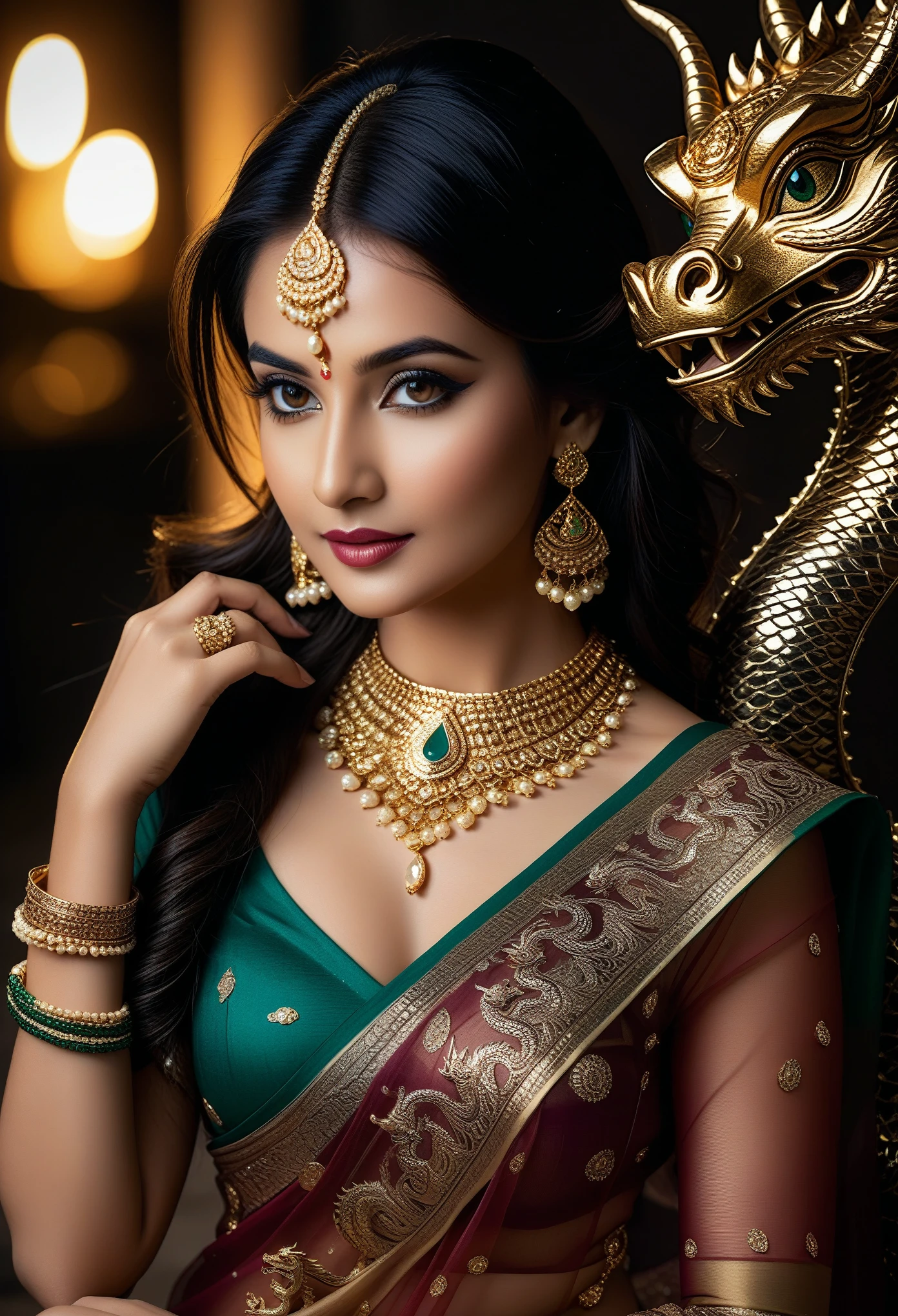 Stunning photo of a stunning, attractive, very beautiful, gorgeous, very sexy lady in a Kamasutra shiney diamond colour saree and with jewellery, with dragons, realistic, ultra HD 4k quality picture, sexy picture, don't make nude picture