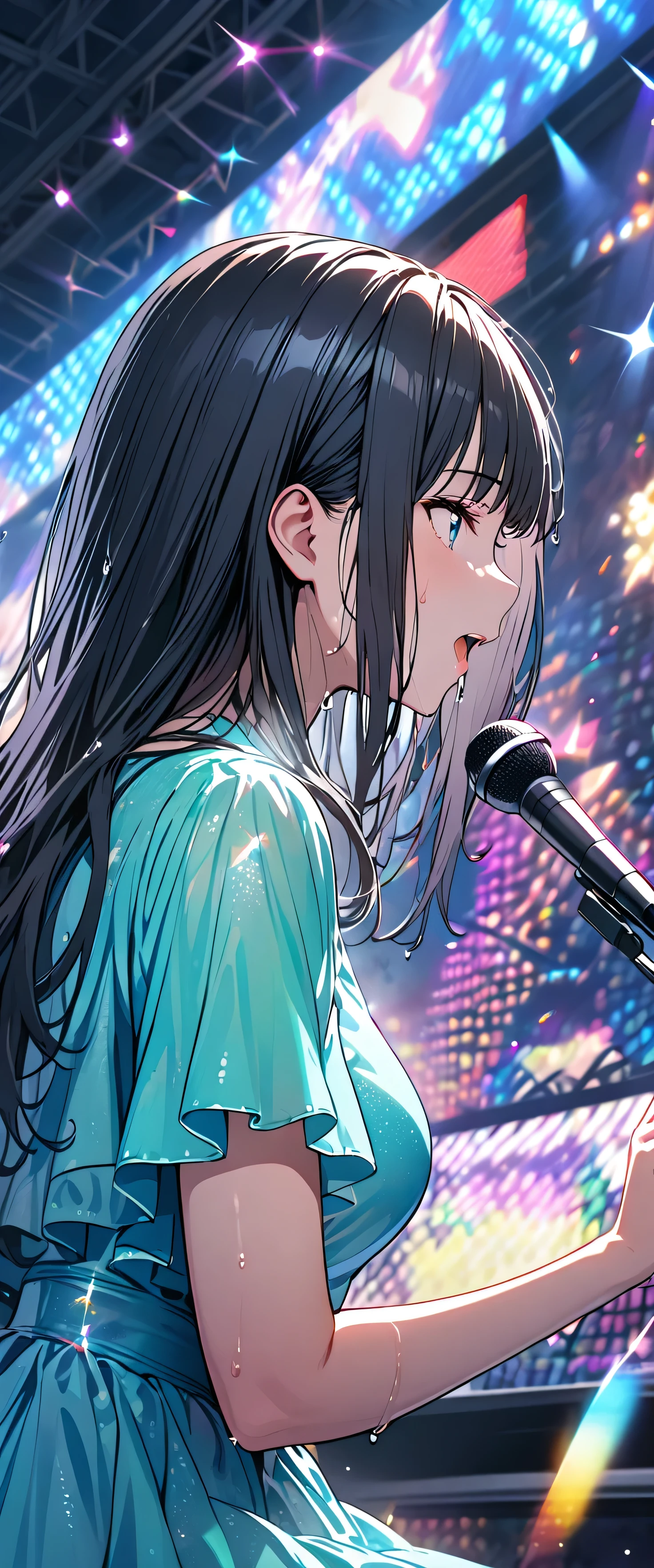 (beautiful girl: 1.3),1girl,masterpiece, Highest quality, Ultra-high resolution,rich contrast,super high quality,8k,Highly detailed CG unit wallpaper,texture,Incredibly absurd,Ultra-high resolution,RAW Photos,Depth of Field 1.2,(Black Hair,Straight Hair),Ultra-detailed eyes,Blue Eyes,Glowing Skin,wet,((sweat)),Glitter effect,Beautiful glossy lips,Live Performance Venues,Super large stage,(aqua dress:1.3),Open your mouth wide,Deliver your songs to the audience with all your heart,Giant monitor,microphone,(profile:1.5)
