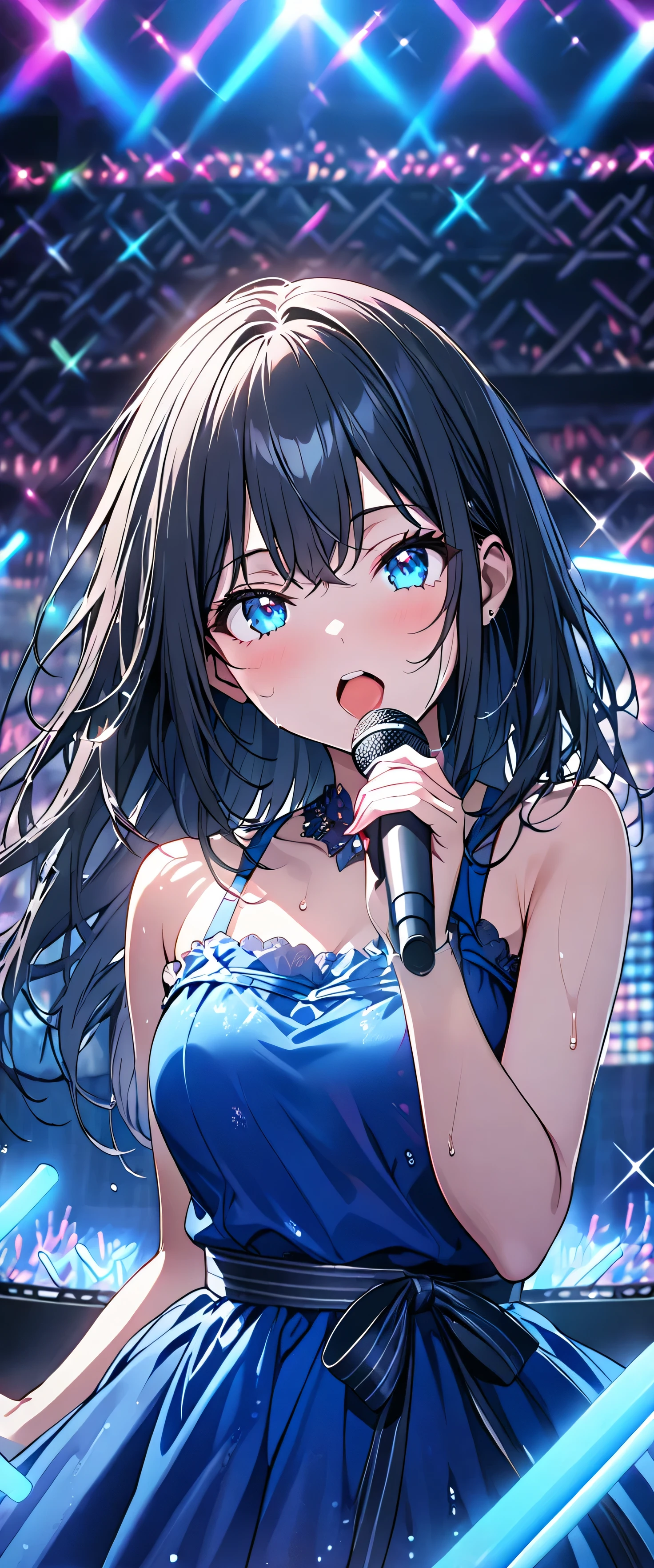 (beautiful girl: 1.3),1girl,masterpiece, Highest quality, Ultra-high resolution,rich contrast,super high quality,8k,Highly detailed CG unit wallpaper,texture,Incredibly absurd,Ultra-high resolution,RAW Photos,Depth of Field 1.2,(Black Hair,Straight Hair),Ultra-detailed eyes,Glowing Skin,wet,sweat,Glitter effect,Beautiful glossy lips,Live Performance Venues,Super large stage,(Blue Dress:1.3),Open your mouth wide,Deliver your songs to the audience with all your heart,Giant monitor,microphone,(Blue glow stick:1.3)