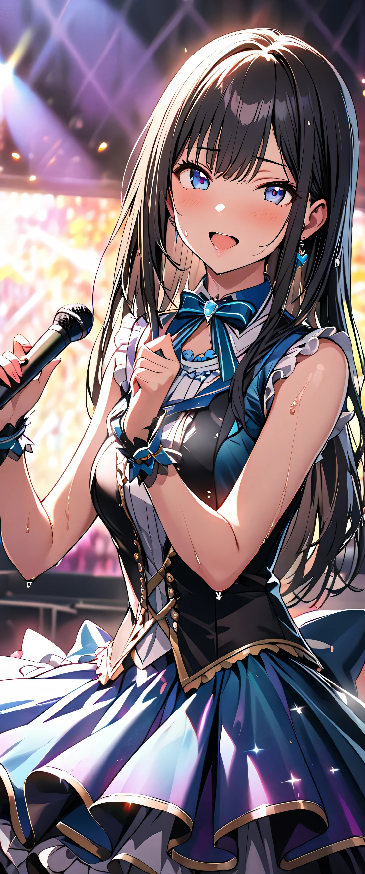 (beautiful girl: 1.3),1girl,masterpiece, Highest quality, Ultra-high resolution,rich contrast,super high quality,8k,Highly detailed CG unit wallpaper,texture,Incredibly absurd,Ultra-high resolution,RAW Photos,Depth of Field 1.2,(Black Hair,Straight Hair),Ultra-detailed eyes,Glowing Skin,wet,sweat,Glitter effect,Beautiful glossy lips,Live Performance Venues,Super large stage,(idol clothes:1.3),Open your mouth wide,Deliver your songs to the audience with all your heart,Giant monitor,microphone