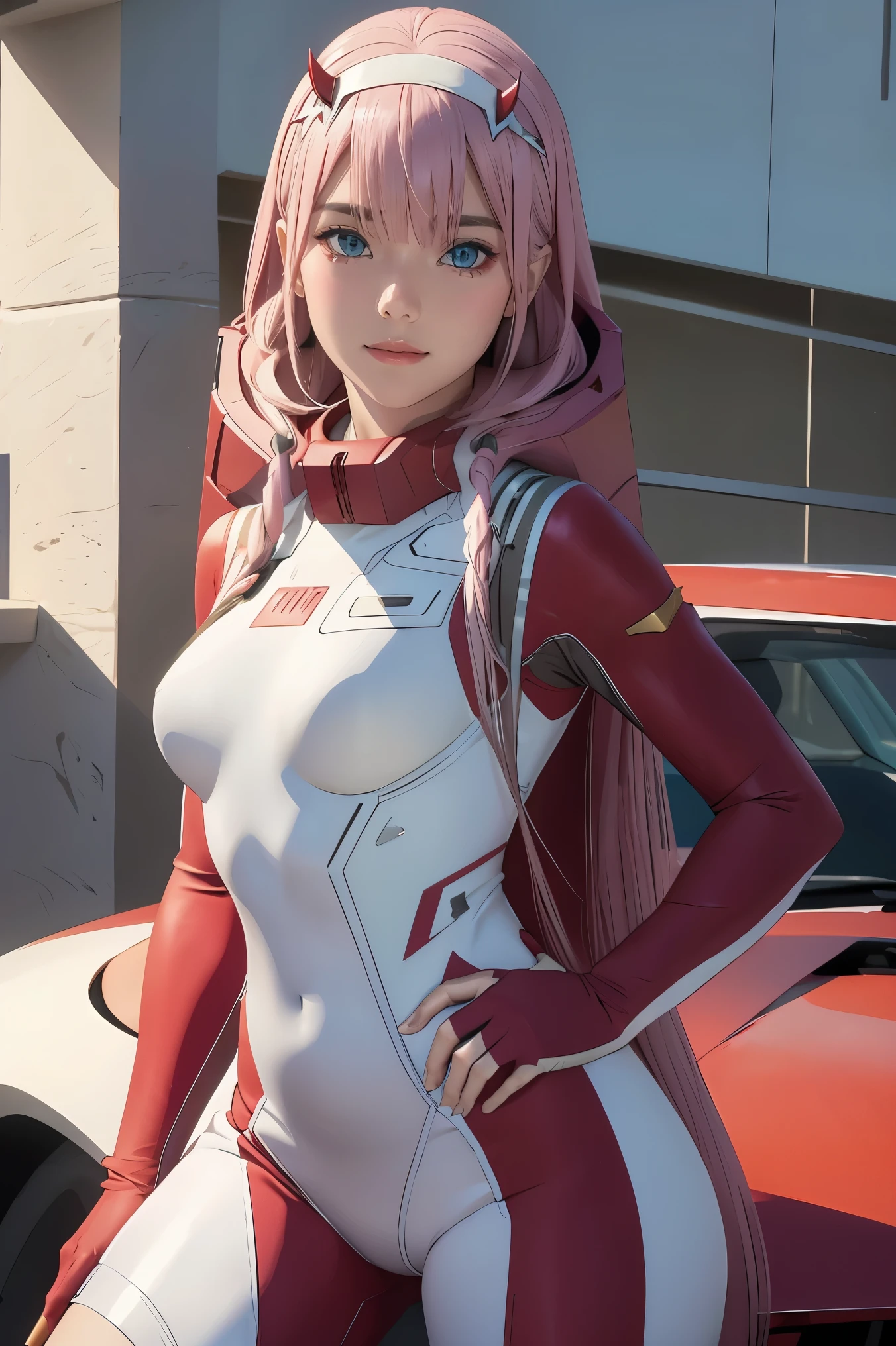 ((best quality)),((highly detailed)),masterpiece,absurdres,detailed face,beautiful face,((detailed eyes, deep eyes)),(1girl),((dynamic pose)), Zero_Two, green eyes, 1girl, solo, red bodysuit, long hair, pilot suit, pink hair, bodysuit, straight hair, hairband, standing, horns, breasts, bangs, closed mouth, looking at viewer, medium breasts, white hairband, skin tight, blunt bangs, makeup, eyeshadow, very long hair, sidelocks, expressionless, hair between eyes, red horns, shiny hair, towards viewer, smile,