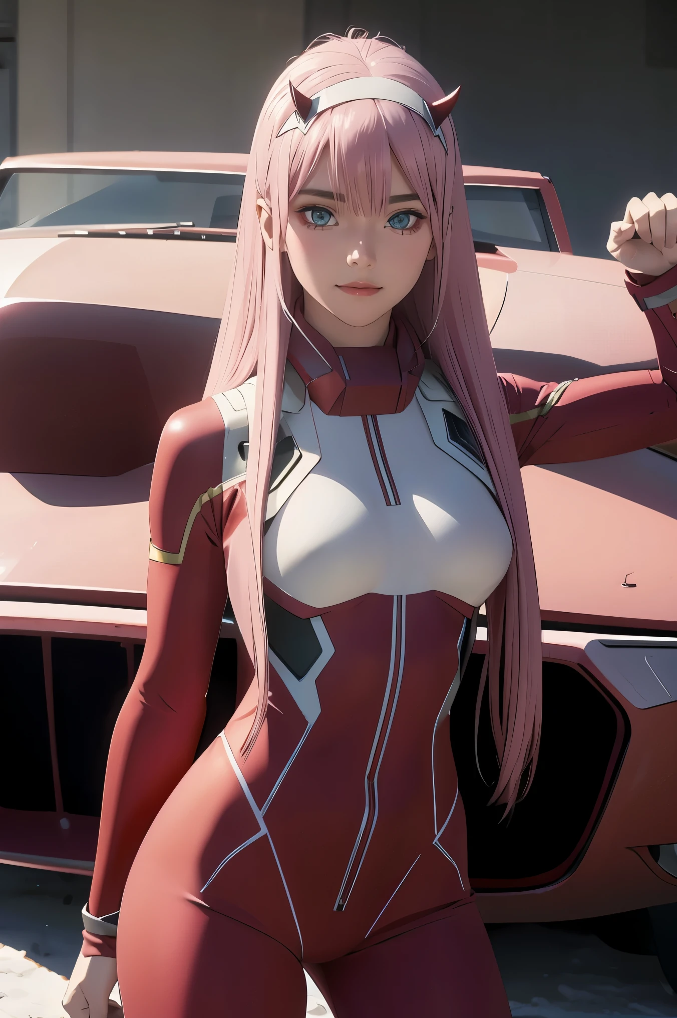 ((best quality)),((highly detailed)),masterpiece,absurdres,detailed face,beautiful face,((detailed eyes, deep eyes)),(1girl),((dynamic pose)), Zero_Two, green eyes, 1girl, solo, red bodysuit, long hair, pilot suit, pink hair, bodysuit, straight hair, hairband, standing, horns, breasts, bangs, closed mouth, looking at viewer, medium breasts, white hairband, skin tight, blunt bangs, makeup, eyeshadow, very long hair, sidelocks, expressionless, hair between eyes, red horns, shiny hair, towards viewer, smile,