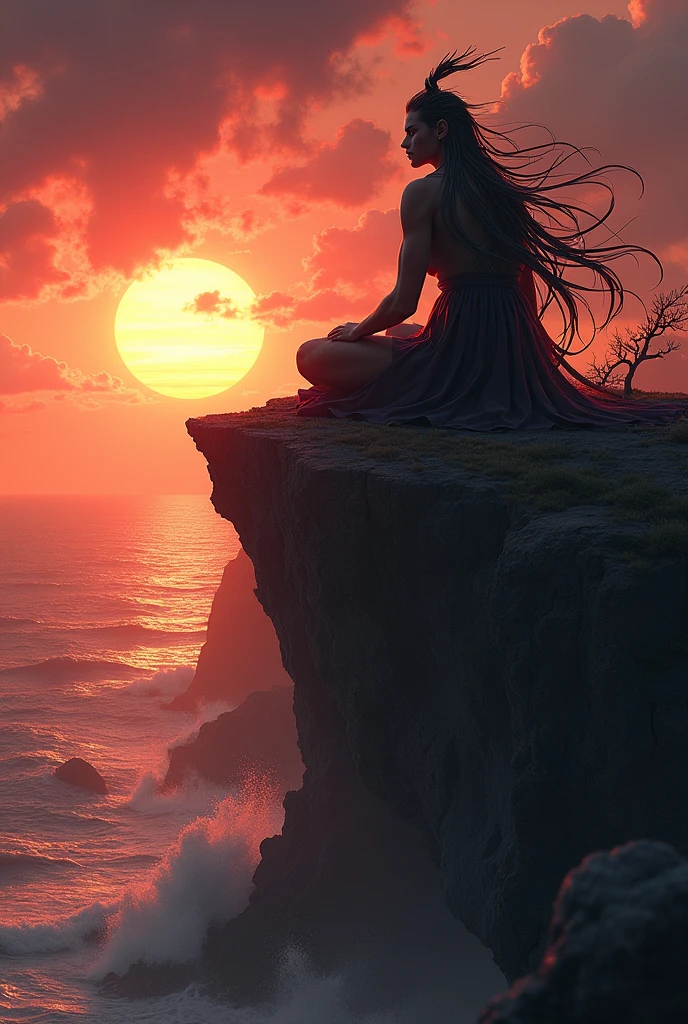 Man long black hair, bushy beard standing on high rock, The wind blows hard and swirls her hair, white pants thin fabric, slim bare torso, open arms looking towards the red sky, about to jump into the fierce waterfall that falls under his feet away from the setting sun and nature realistic image high quality