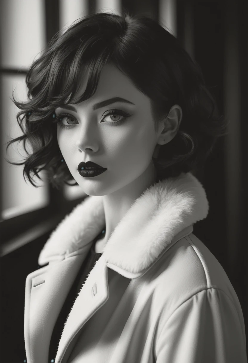 masterpiece, best quality, 1girl, looking at viewer, black and white photography, monochrome, high contrast, deep shadows, rich blacks, bright whites, short hair, wavy hair, dark hair, pale skin, dark lipstick, fur collar, detailed eyes, sharp focus, dramatic lighting, chiaroscuro, film grain