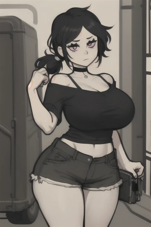 (best quality), (masterpiece), 1 girl, early 20's, huge heavy breasts, thick, thick lips, wide hips, thin waist, ashleygraves, pink eyes, black hair, low ponytail, black off the shoulder shirt, cargo shorts