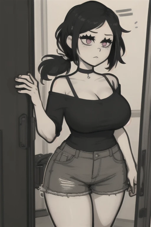 (best quality), (masterpiece), 1 girl, early 20's, huge heavy breasts, thick, thick lips, wide hips, thin waist, ashleygraves, pink eyes, black hair, low ponytail, black off the shoulder shirt, cargo shorts