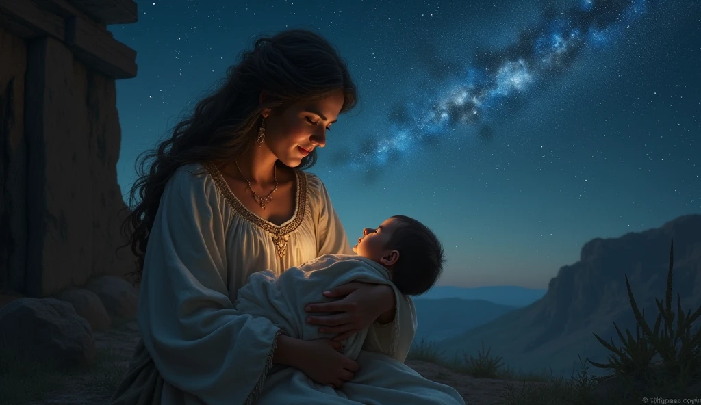 (Back view of long-haired woman in ancient Greek chiton), hands raised, (a baby wrapped in holy cloth floating beyond:1.5), colorful universe behind, religious painting, spiritual masterpiece, Christian art, unknown artist, best quality, 8k, high resolution, ultra-detailed, extremely detailed, top quality, realistic,