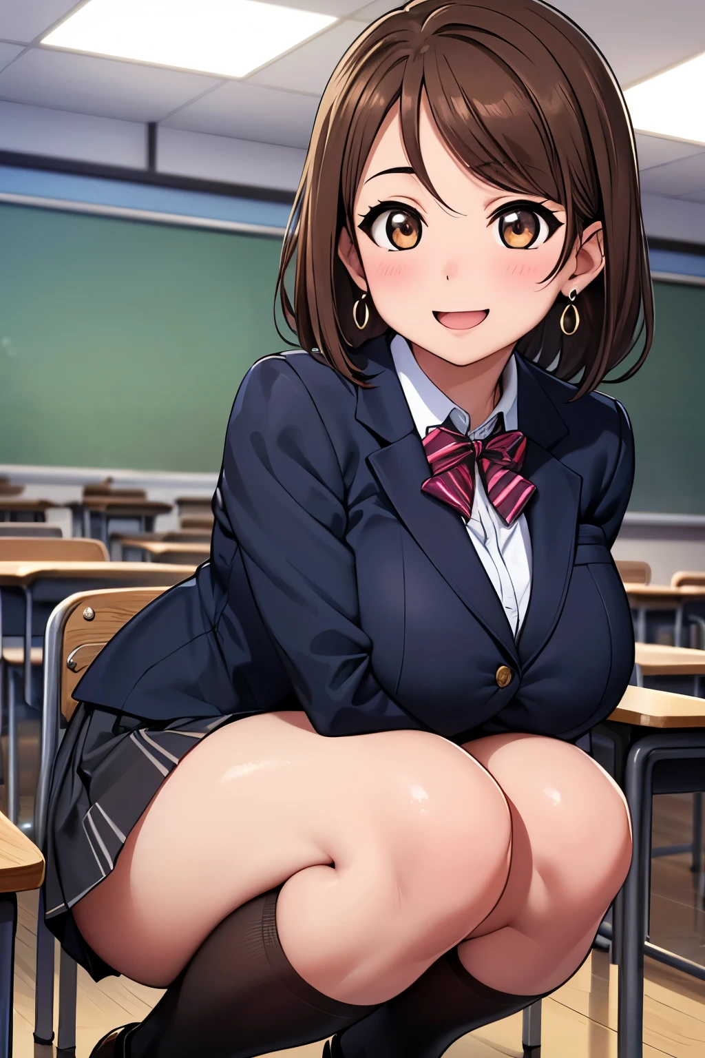 ((((masutepiece, Highest Quality, Best Quality, 1girl in, Solo, Beautiful anime、Detailed picture))))、18year old、A slender、slightly larger breasts、skinny thigh、((dark brown hair、Straight、Longhaire、Brown-eyed、rounded eyes、Clear department、、)),((Schools、‎Classroom))、((Dark blue blazer、Dark blue skirt、School uniform、bow ribbon、lowfers)))、astonished face、astonished face、NSFW、(((Show pink panties、cute panty、Fluid overflowing from the female genitalia、Fluid overflowing from the female genitalia、masturbate、)))、(Sit on a wooden chair、shot from front)、Photo from the knee up、