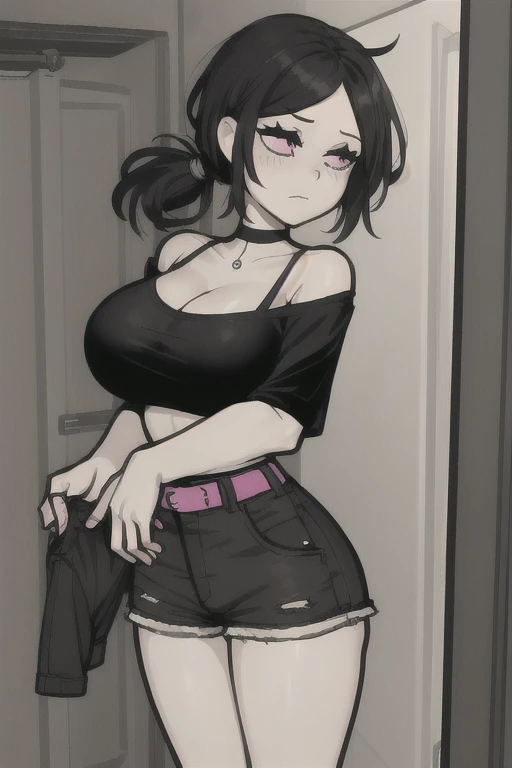 (best quality), (masterpiece), 1 girl, early 20's, huge heavy breasts, thick, thick lips, wide hips, thin waist, ashleygraves, pink eyes, black hair, low ponytail, black off the shoulder shirt, cargo shorts