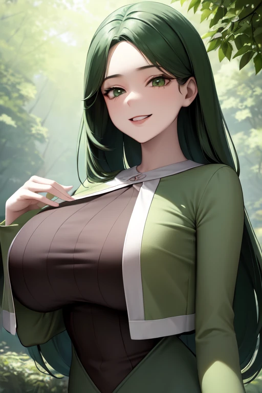 masterpiece, Best Quality, Cheryl, Hair that falls over the shoulders, Single knit, Green jacket, Long Dress, Upper Body, Watching the audience, smile, forest, tree々, null, sun , Huge breasts, ((Underbust)), abdomen