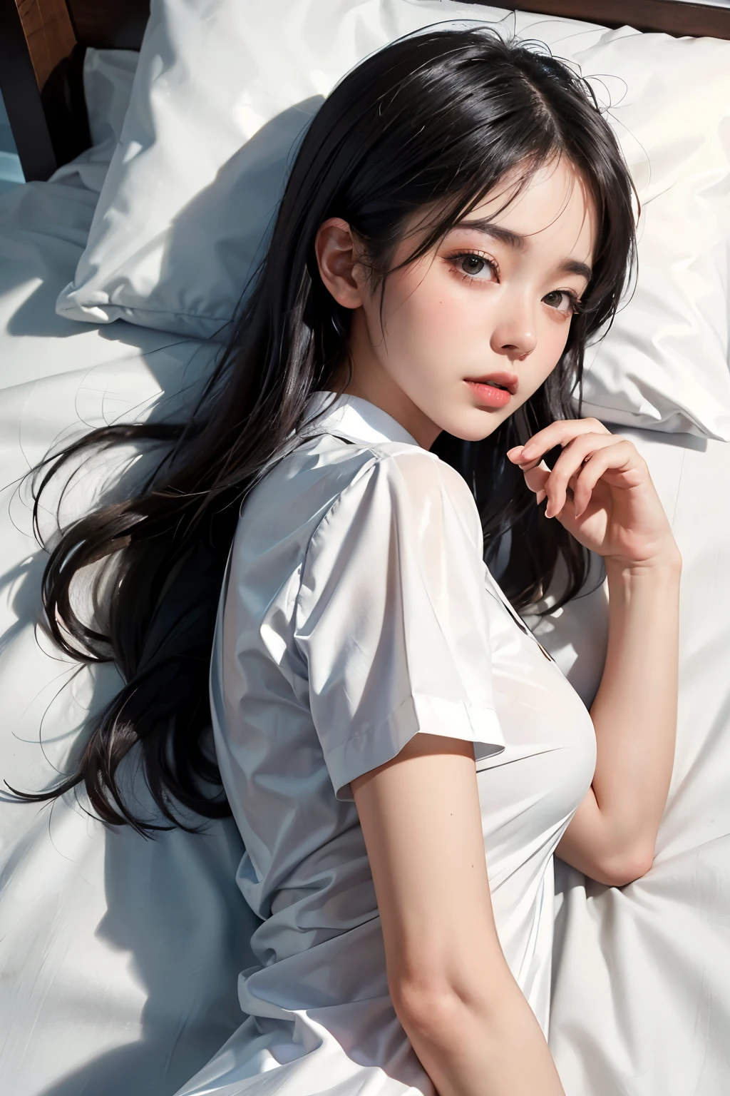 Sleeping, closed eyes, lying, ribbon hair pin, hair bang, cat ears headband, camisole, skirt, in bed, low light