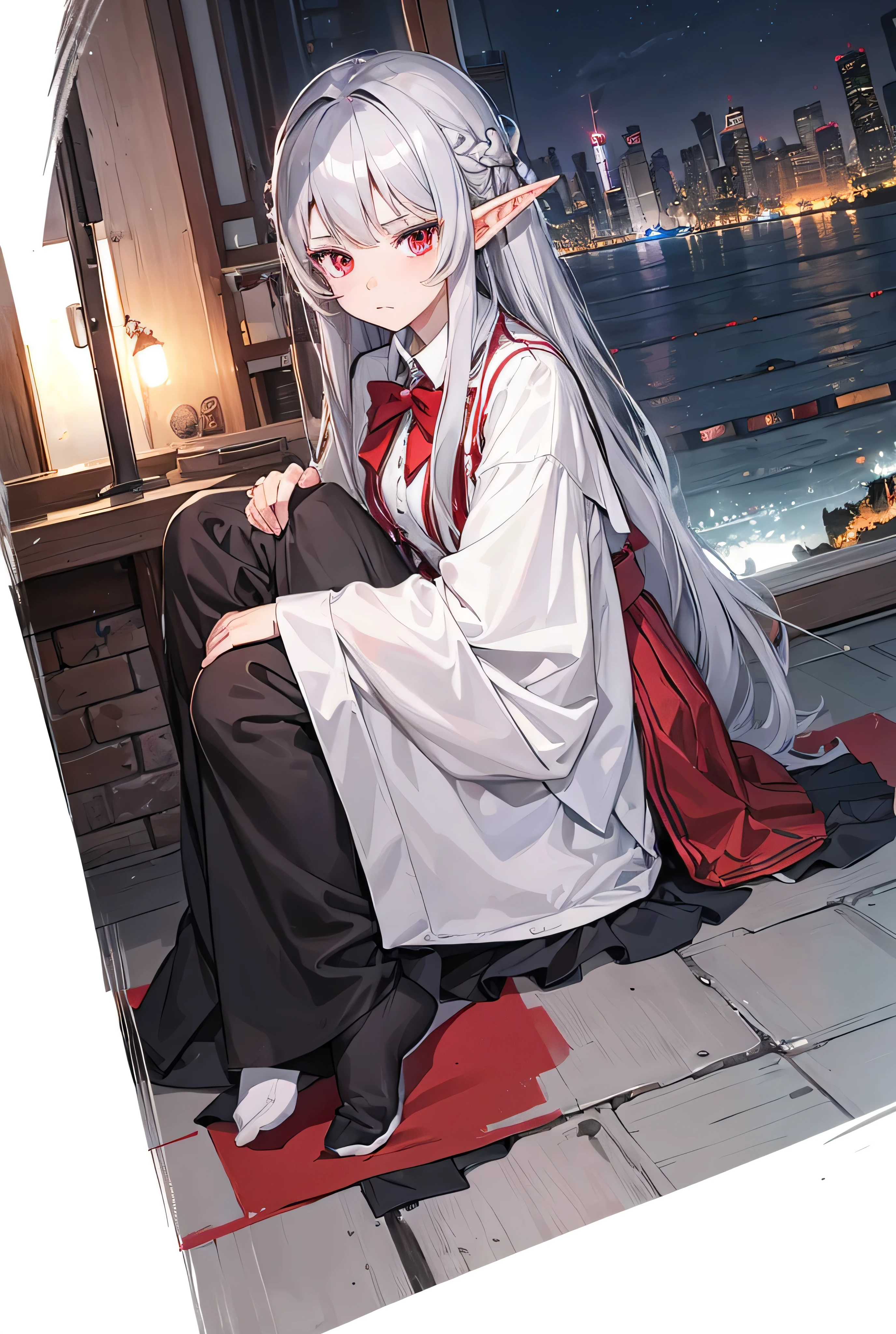 One Girl, Long Hair, Silver Hair, Red Eye, student, Best Quality, High Resolution Model, Elf, School, Ultra Wide Angle, night, Sleepy face