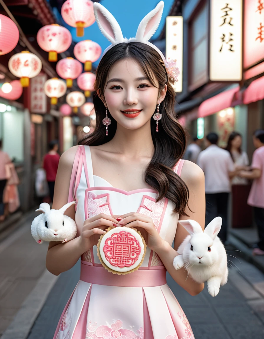 a beautiful young woman with delicate features, wearing a pink and white Korean style outfit with intricate traditional Chinese pattern fabric, cyberpunk style accessories, standing in a modern Taipei street scene, holding a mooncake and smiling at the camera, a large, fluffy white rabbit standing next to her, trying to steal her mooncake, with a full moon in the sky in the background, (best quality,8k,highres,masterpiece:1.2),ultra-detailed,(realistic,photorealistic,photo-realistic:1.37),extremely detailed, hyperrealistic, Japanese photo style