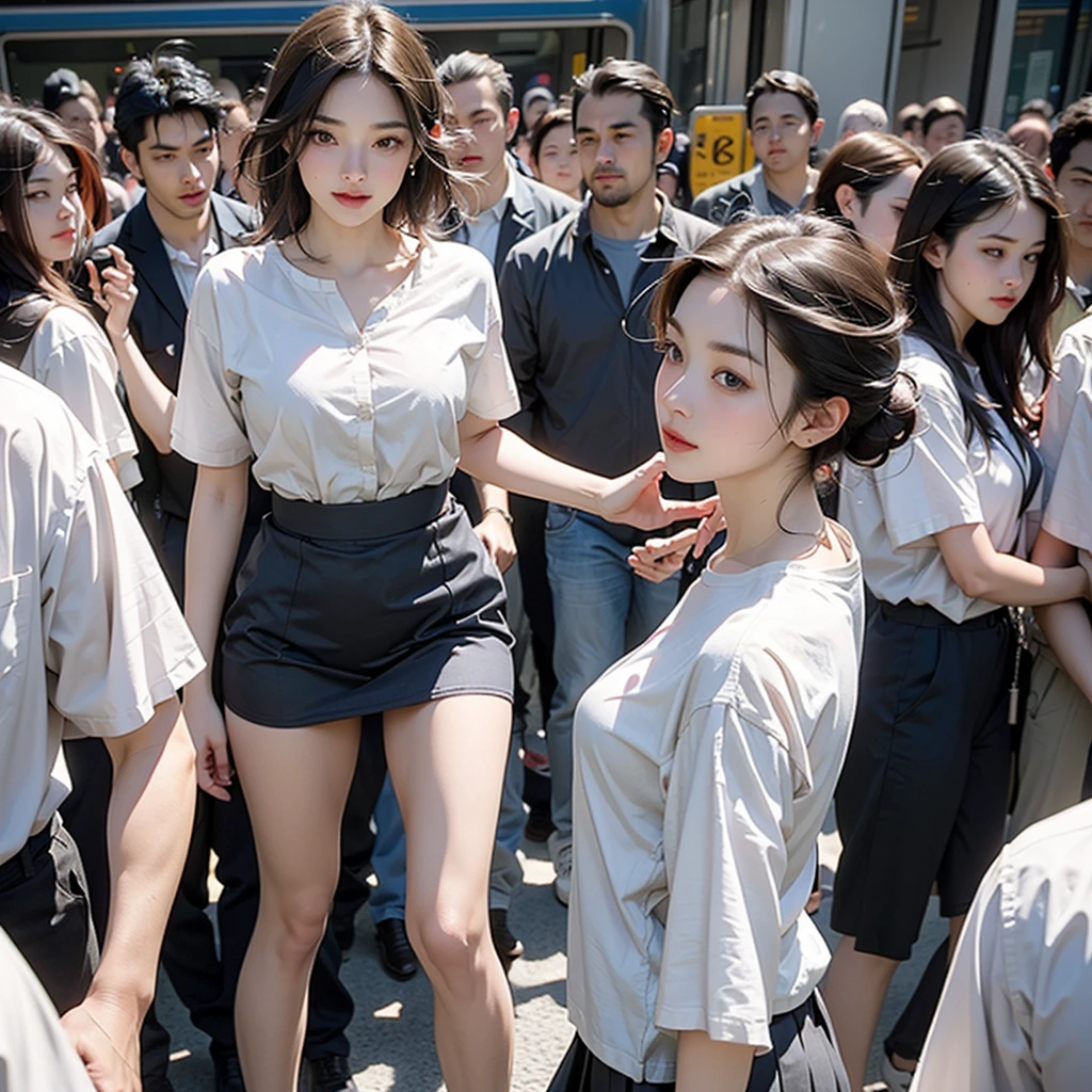 (Crazy behavior:1.8) Japanese women, Very large breasts, Oversized breasts, (Schoolgirl uniform、White short sleeve shirt,Dark blue ribbon,Pleated short skirt、Blue and black patterned mini skirt, Pink short bob hair,bangs,ear:1.2),Grab your chest, in the train, Grab your ass, 彼女の周りの複数の男性が彼女のGrab your chest, Grab your chest, Multiple hands, masterpiece, Highest quality, Very detailed, Crazy behavior, Men in the crowd, Crowdsurfing, Very realistic face, Very realistic eyes, Men in the crowd around her, Someone grabs her body, I held my chest, Crazy behavior, masterpiece, Highest quality, Very detailed, 1 person, Multiple hands, Grab your ass with the crazy crowd, Grab your chest, The men around her, Compressed body, 多くの人がGrab your chest, Be beaten, Pulling on clothes, Very wet and sweaty, Grab clothes, (There are no women in the crowd:1.5), Man in a tie