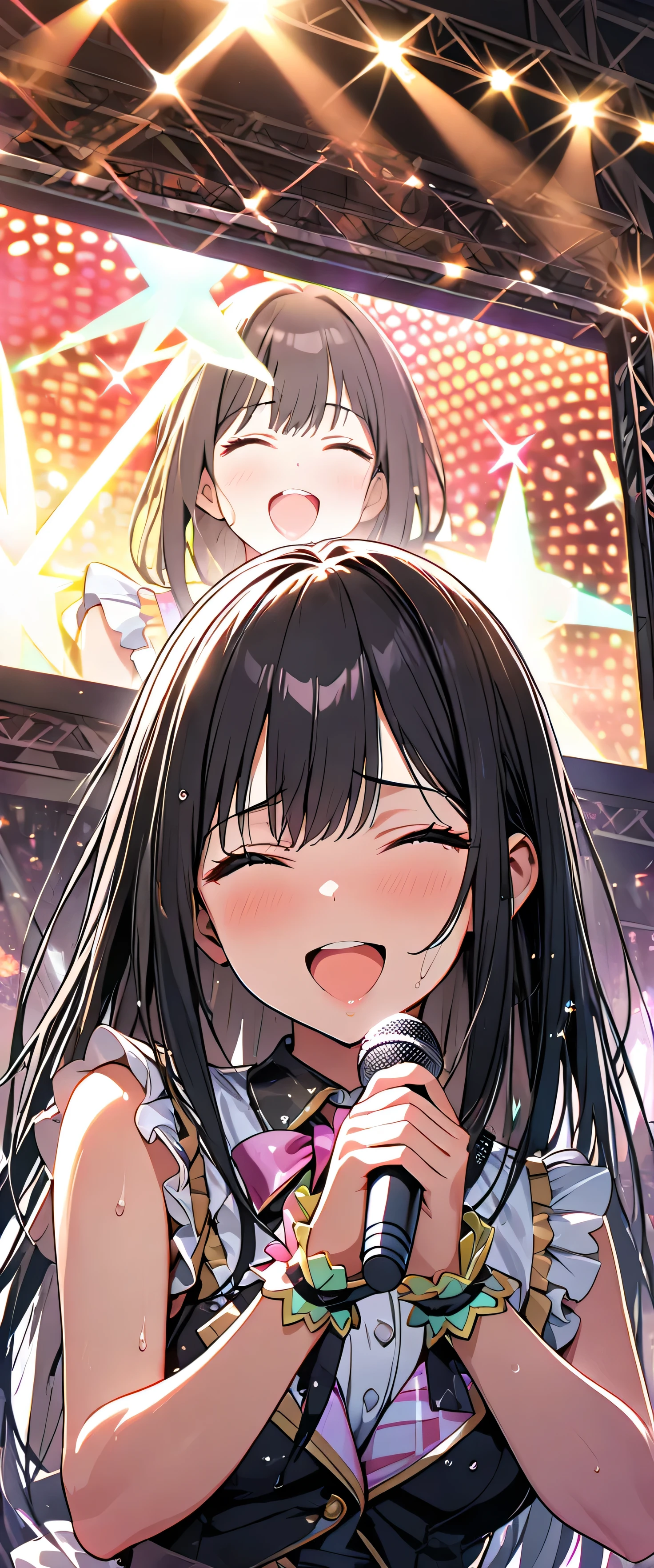 (beautiful girl: 1.3),1girl,masterpiece, Highest quality, Ultra-high resolution,rich contrast,super high quality,8k,Highly detailed CG unit wallpaper,texture,Incredibly absurd,Ultra-high resolution,RAW Photos,Depth of Field 1.2,(Black Hair,Straight Hair),Glowing Skin,wet,sweat,Glitter effect,Beautiful glossy lips,Live Performance Venues,Super large stage,(idol clothes:1.3),Open your mouth wide,Close your eyes,Giant monitor,microphone,((Shout out loud)),(extreme close-up:1.5)