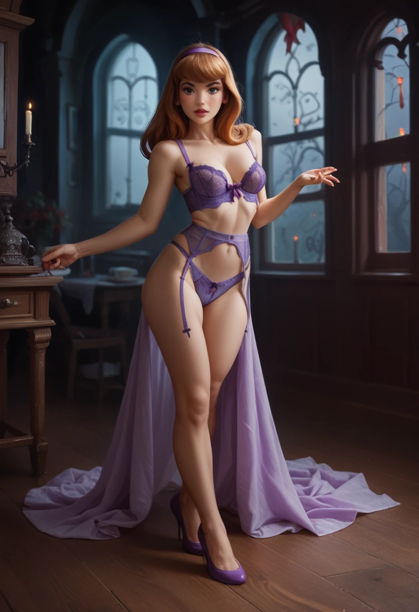 (Daphne Blake, lingerie), full body, in a spooky haunted house