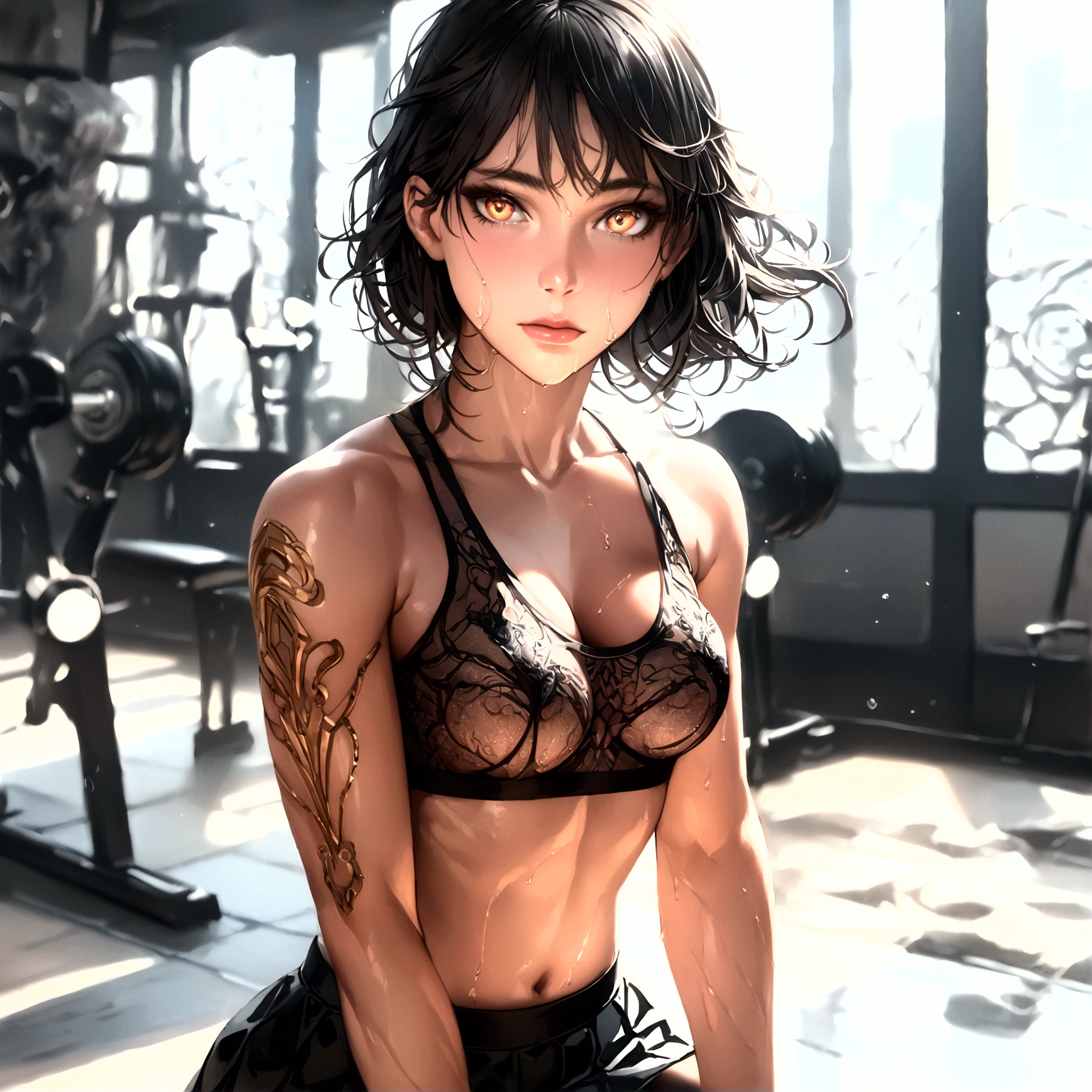 A beautiful Korean (8k, HDR, UHD, expressive eyes, extremely intricate details,  hyper-realistic,  high quality). In a short black skirt (intricate details),  a very sensual transparent top( intricate details), flowing black hair, makeup (intricate details).at the gym working out (intricate details). He&#39;s working out his legs (hyper-realistic, intricate details).her short skirt shows her transparent panties while she is working out her legs showing the entire contour of her vagina(intricate details, extremely detailed). The young woman shows all her sensuality and youth (intricate details). She is sweating and her top is wet showing the full outline of her breast (intricate details, hyper-realistic, extremely intricate details). Style "Anime 8K" (extremely intricate details), HDR, UHD, full body (hyper-realistic, extremely intricate details, background ( vibrant colors, intricate details, extremely detailed, incredible details,  32K), expressive eyes (intricate details, bright), detailed character illustrations (intricate details), photorealistic, intricate details, hyper-realistic,extremely intricate details, highly detailed, vibrant colors. 