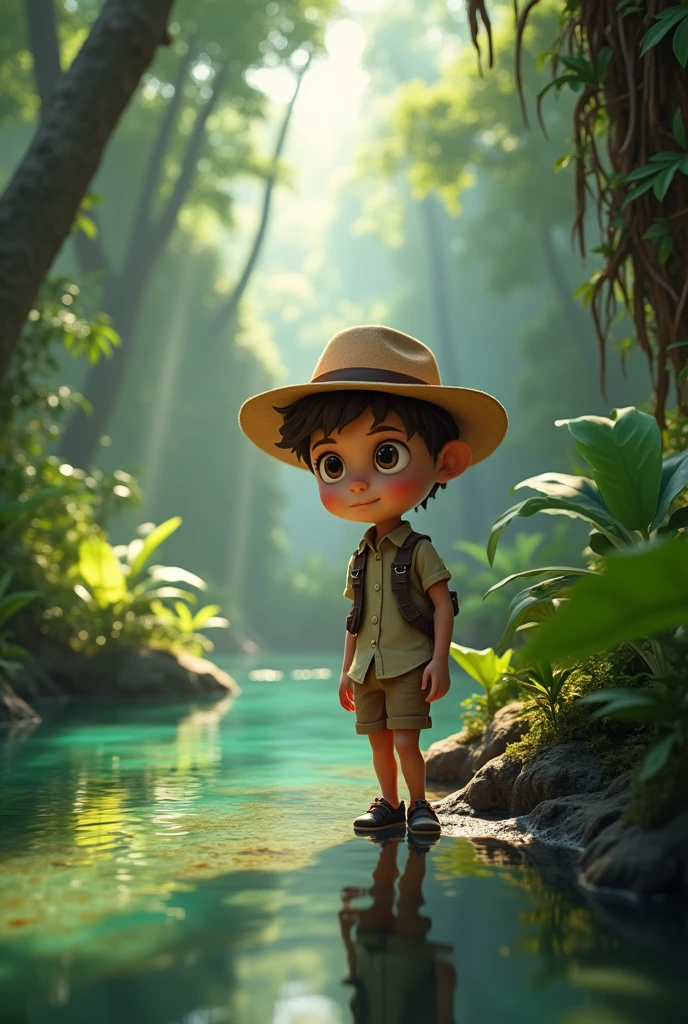a small Brazilian indigenous man, in the middle of a forest, emitting rays of blue light through his eyes and palms