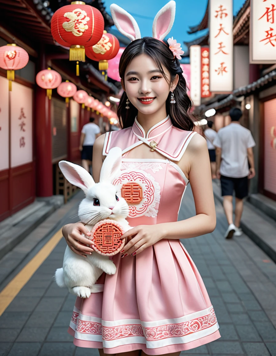 a beautiful young woman with delicate features, wearing a pink and white Korean style outfit with intricate traditional Chinese pattern fabric, cyberpunk style accessories, standing in a modern Taipei street scene, holding a mooncake and smiling at the camera, a gaint fluffy white rabbit standing next to her, bigger than the girl, trying to steal her mooncake, with a full moon in the sky in the background, (best quality,8k,highres,masterpiece:1.2),ultra-detailed,(realistic,photorealistic,photo-realistic:1.37),extremely detailed, hyperrealistic, Japanese photo style