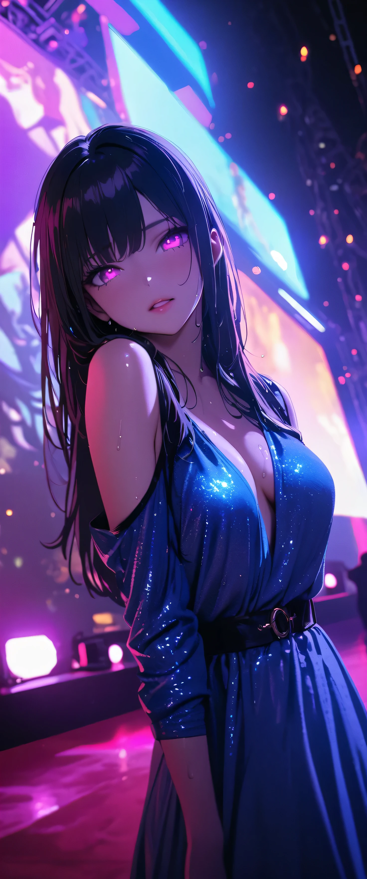 (beautiful girl: 1.3),1girl,masterpiece, Highest quality, Ultra-high resolution,rich contrast,super high quality,8k,Highly detailed CG unit wallpaper,texture,Incredibly absurd,Ultra-high resolution,RAW Photos,Depth of Field 1.2,(Black Hair,Straight Hair),Ultra-detailed eyes,Glowing Skin,wet,sweat,Glitter effect,Beautiful glossy lips,Live Performance Venues,Super large stage,(Blue Dress:1.3),Close your mouth,Cool look,tilt one&#39;s head,Giant monitor,microphone,(extreme close-up:1.5),is making a heart symbol with both hands 