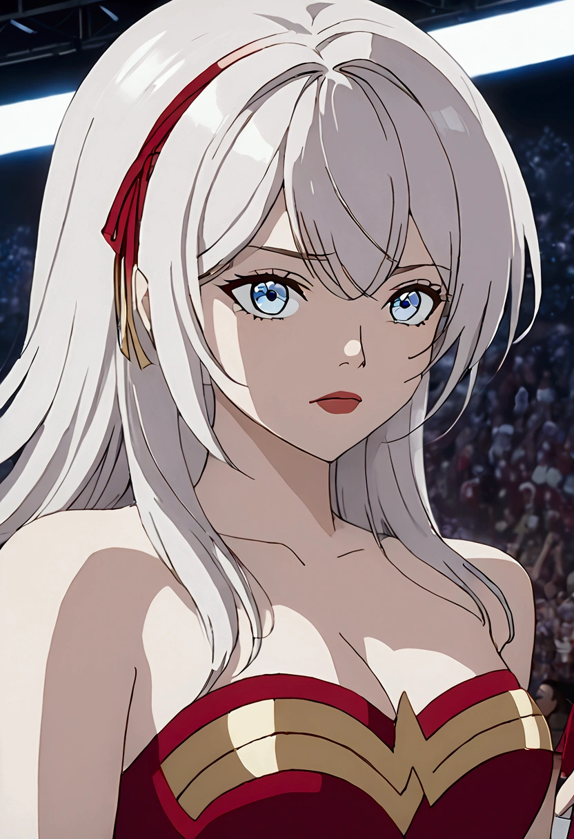 Detailed analysis, Detailed work, Best quality, 1440p clarity, Realistic lighting and shadows, Anime, background, Concert stage, จากซีรีย์ Alya Sometimes Hides Her Feelings in Russian, Alisa Kujo, Long white hair, Blue eyes, ตาแบบAnime, Red hair ribbon, F cup breast,Wearing Wonder Woman costume