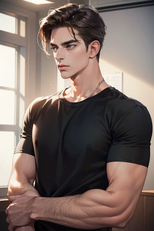 A Young German man , 1boy, white skin , detailed skin, 1boy, ((realistic)), abs, good lighting quality, muscle veins, ((pale skin)), (masterpiece, ultra quality, high resolution, 8k, intricate:1.2), (detailed face:1.2), handsome, wearing tight black gi pants, bulge, 1boy,solo, looking at viewer, balance eyes, (((from below))), bedroom, (eye contact)