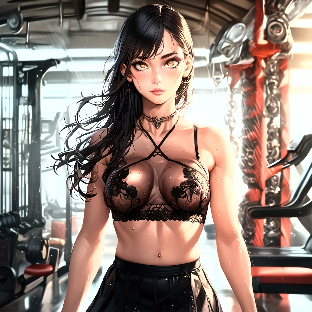 A beautiful Korean (8k, HDR, UHD, expressive eyes, extremely intricate details,  hyper-realistic,  high quality). In a short black skirt (intricate details),  a very sensual transparent top( intricate details), flowing black hair, makeup (intricate details).at the gym working out (intricate details). He&#39;s working out his legs (hyper-realistic, intricate details).her short skirt shows her transparent panties while she is working out her legs showing the entire contour of her vagina(intricate details, extremely detailed). The young woman shows all her sensuality and youth (intricate details). She is sweating and her top is wet showing the full outline of her breast (intricate details, hyper-realistic, extremely intricate details). Style "Anime 8K" (extremely intricate details), HDR, UHD, full body (hyper-realistic, extremely intricate details, background ( vibrant colors, intricate details, extremely detailed, incredible details,  32K), expressive eyes (intricate details, bright), detailed character illustrations (intricate details), photorealistic, intricate details, hyper-realistic,extremely intricate details, highly detailed, vibrant colors. 