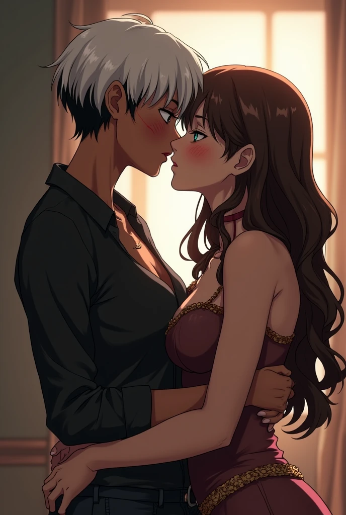 Masterpiece, best quality, highres, couple, netorare, 1boy, 1girl, kissing, tongue, french kiss, upper body face, close up, from side, nude