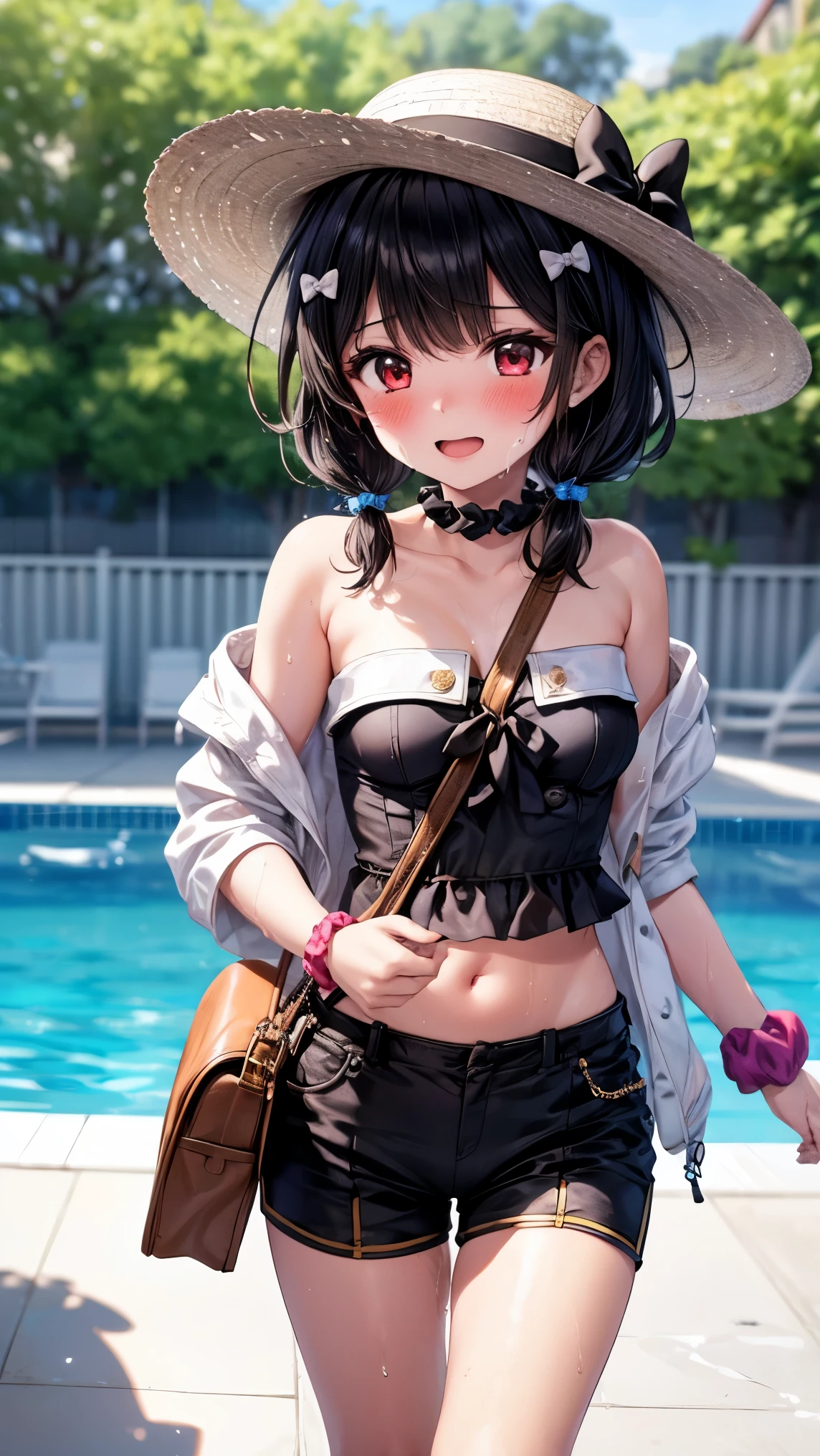 best quality,4k,8k,1girl,small breasts,orgasm,blush,sweat,vikalasu, bare shoulders, midriff, crop top, black bow, sun hat, hair bow, white jacket, strapless black shirt, black shorts, bag, wrist scrunchie,pussy juice,walking,poolside,wet