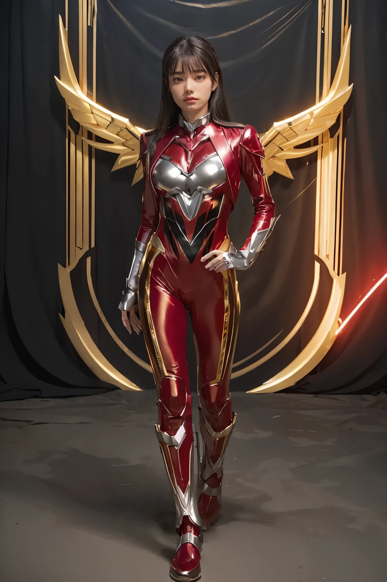 1girl, full body, Illustration, cinematic light, high resolution, best quality, ultra-detailed, masterpiece, power suit, powerranger, suit, spd, (Silver and Gold chest plate), red and gold detail, (((dark suit))), black stripe on the left side,