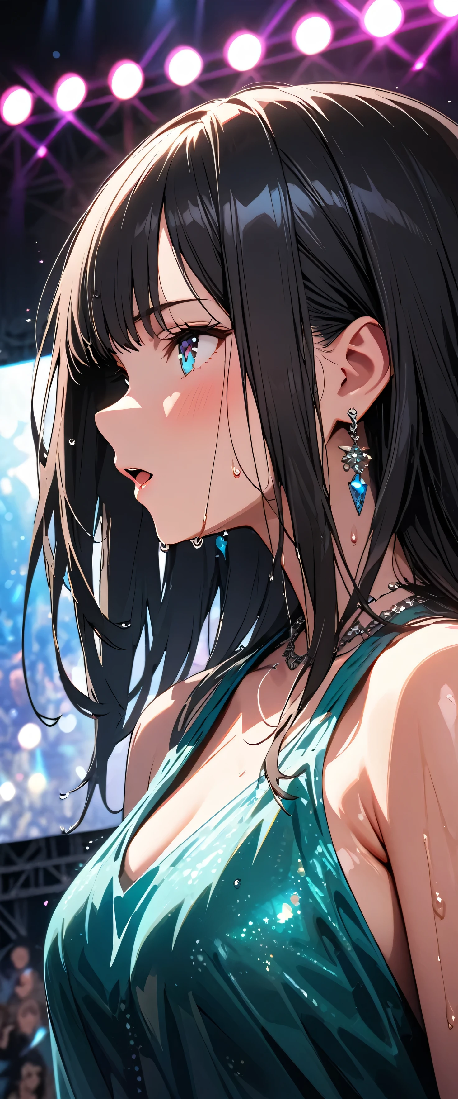 (beautiful girl: 1.3),1girl,masterpiece, Highest quality, Ultra-high resolution,rich contrast,super high quality,8k,Highly detailed CG unit wallpaper,texture,Incredibly absurd,Ultra-high resolution,RAW Photos,Depth of Field 1.2,(Black Hair,Straight Hair),Ultra-detailed eyes,Blue Eyes,Glowing Skin,wet,((sweat)),Glitter effect,Beautiful glossy lips,Live Performance Venues,Super large stage,(aqua dress:1.3),((Open your mouth wide)),Deliver your songs to the audience with all your heart,Giant monitor,microphone,(profile:1.5)