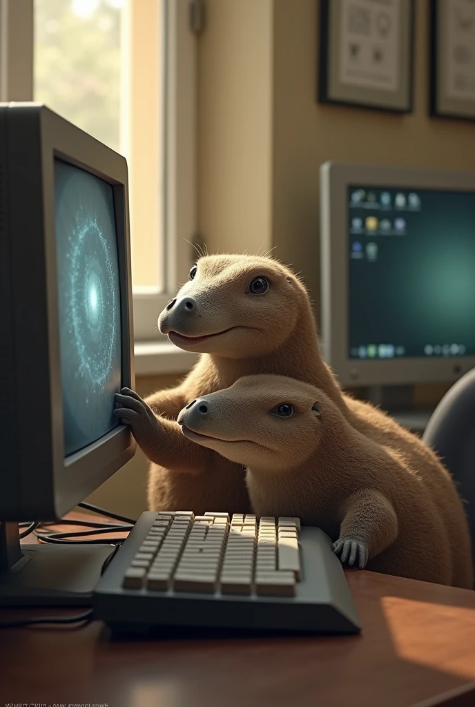 comic cartoon style, capybara superhero with a magnifying glass, computer screen