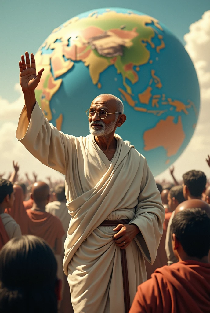 In cinematic 3D cartoon style: Scene: The grand ceremony of mass conversion to Buddhism is depicted. Dr. Ambedkar, now older, is dressed in white robes, leading the conversion ceremony. The setting is a vast open area with a large Buddha statue in the background. Thousands of followers, dressed in white, sit in orderly rows, listening to Ambedkar as he takes refuge in Buddhism. His face shows peace and resolve as he guides his followers towards a new beginning.