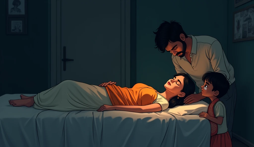 In a quiet, secluded area with soft grass on the ground freezer with his and white appearance, is kneeling next to Videl, a young woman with short black hair. Videl is lying on her back, her shirt lifted to expose her bare abdomen. Freezer is meticulously palpating her abdomen, pressing firmly and exploring every part with his glowing hands.
Videl's face shows a mix of discomfort and curiosity as she allows him to continue. The scene is intimate and tense,