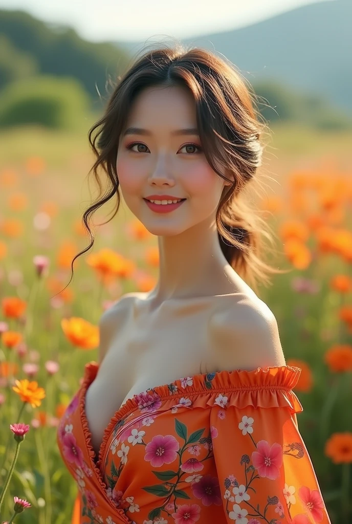 Araaf woman in an orange dress stands in a field of flowers., beautiful Asian girl, better known as Zinnia, Beautiful Asian woman, Zinnia, Asian girl, Model 5 0 0 pixels, Fluorescent Red, Anna Nikonova aka New Milky, Alina, Enami and Argerm, glowing red and orange, Photo of a beautiful woman, sexy girl