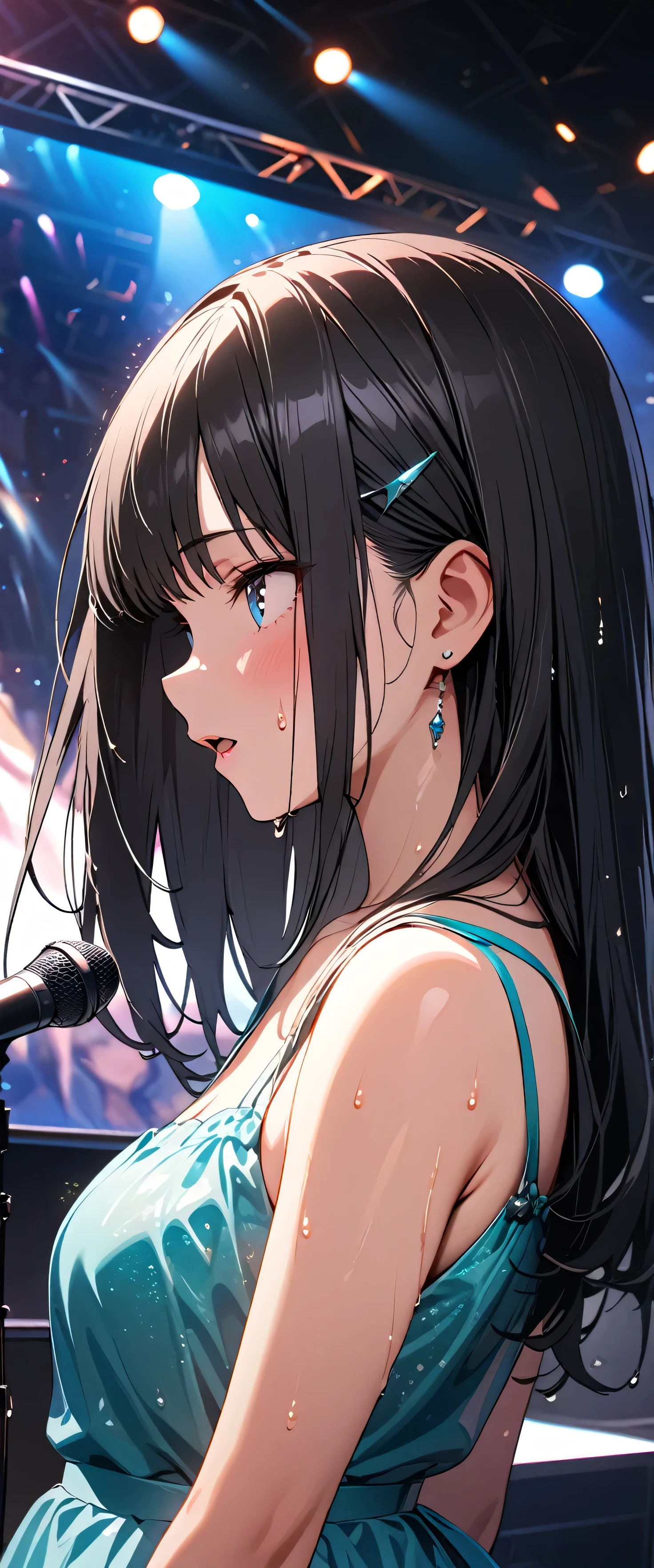 (beautiful girl: 1.3),1girl,masterpiece, Highest quality, Ultra-high resolution,rich contrast,super high quality,8k,Highly detailed CG unit wallpaper,texture,Incredibly absurd,Ultra-high resolution,RAW Photos,Depth of Field 1.2,(Black Hair,Straight Hair),Ultra-detailed eyes,Blue Eyes,Glowing Skin,wet,((sweat)),Glitter effect,Beautiful glossy lips,Live Performance Venues,Super large stage,(aqua dress:1.3),((Open your mouth wide)),Deliver your songs to the audience with all your heart,Giant monitor,microphone,(profile:1.5)