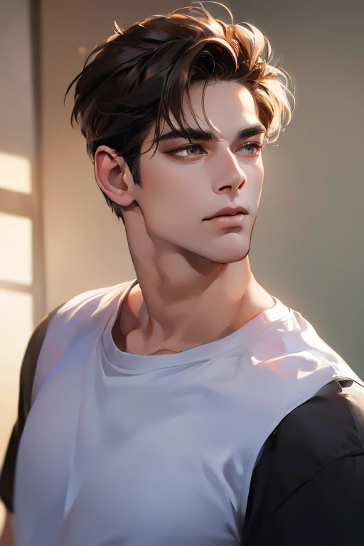 (Best quality,4K,8K,a high resolution,masterpiece:1.2),ultra detailed,(realistic,photorealistic,photo-realistic:1.37),3 man,Beautiful anime,portraits,strong,masculine,dark hair,Sharp jawline,Mesmerizing eyes,Perfectly styled hair,confident expression,bright colors,dynamic lighting,Brown eyes,(Black T-shirt),(dark skin),((mature man, man 40 years old)), (square jaw), CEO, Office Background