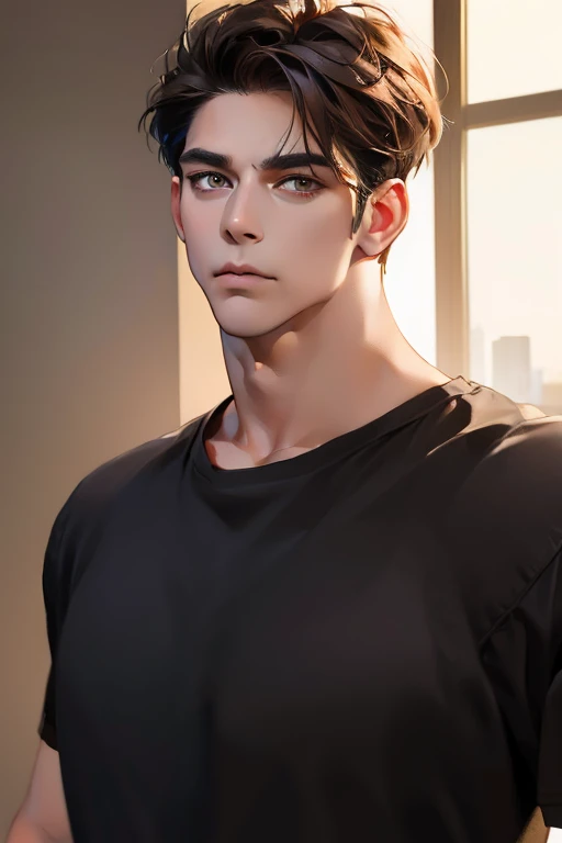 (Best quality,4K,8K,a high resolution,masterpiece:1.2),ultra detailed,(realistic,photorealistic,photo-realistic:1.37),3 man,Beautiful anime,portraits,strong,masculine,dark hair,Sharp jawline,Mesmerizing eyes,Perfectly styled hair,confident expression,bright colors,dynamic lighting,Brown eyes,(Black T-shirt),(dark skin),((mature man, man 40 years old)), (square jaw), CEO, Office Background