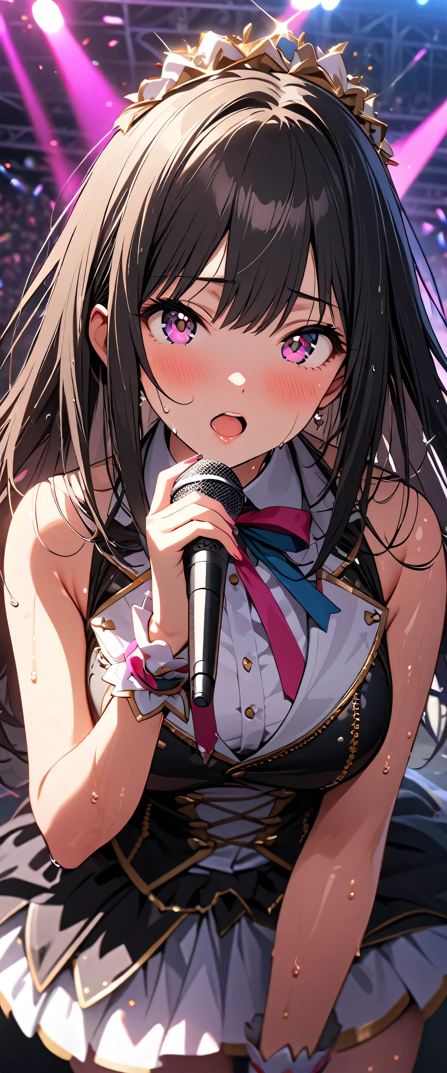 (beautiful girl: 1.3),1girl,masterpiece, Highest quality, Ultra-high resolution,rich contrast,super high quality,8k,Highly detailed CG unit wallpaper,texture,Incredibly absurd,Ultra-high resolution,RAW Photos,Depth of Field 1.2,(Black Hair,Straight Hair),Ultra-detailed eyes,Glowing Skin,wet,sweat,Glitter effect,Beautiful glossy lips,Live Performance Venues,Super large stage,(idol clothes:1.3),Open your mouth wide,Deliver your songs to the audience with all your heart,Giant monitor,microphone