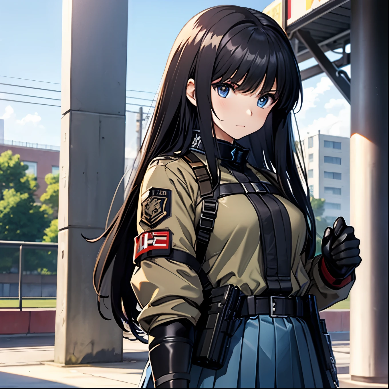 High school girl、mercenary、resistance、High-tech armament、Heavily armed、High Tech Costume（Open front jacket、Bodysuits、Latex underwear、Pouch）、Pleated skirt、High School Uniform、Student Uniform、Harness Belt、