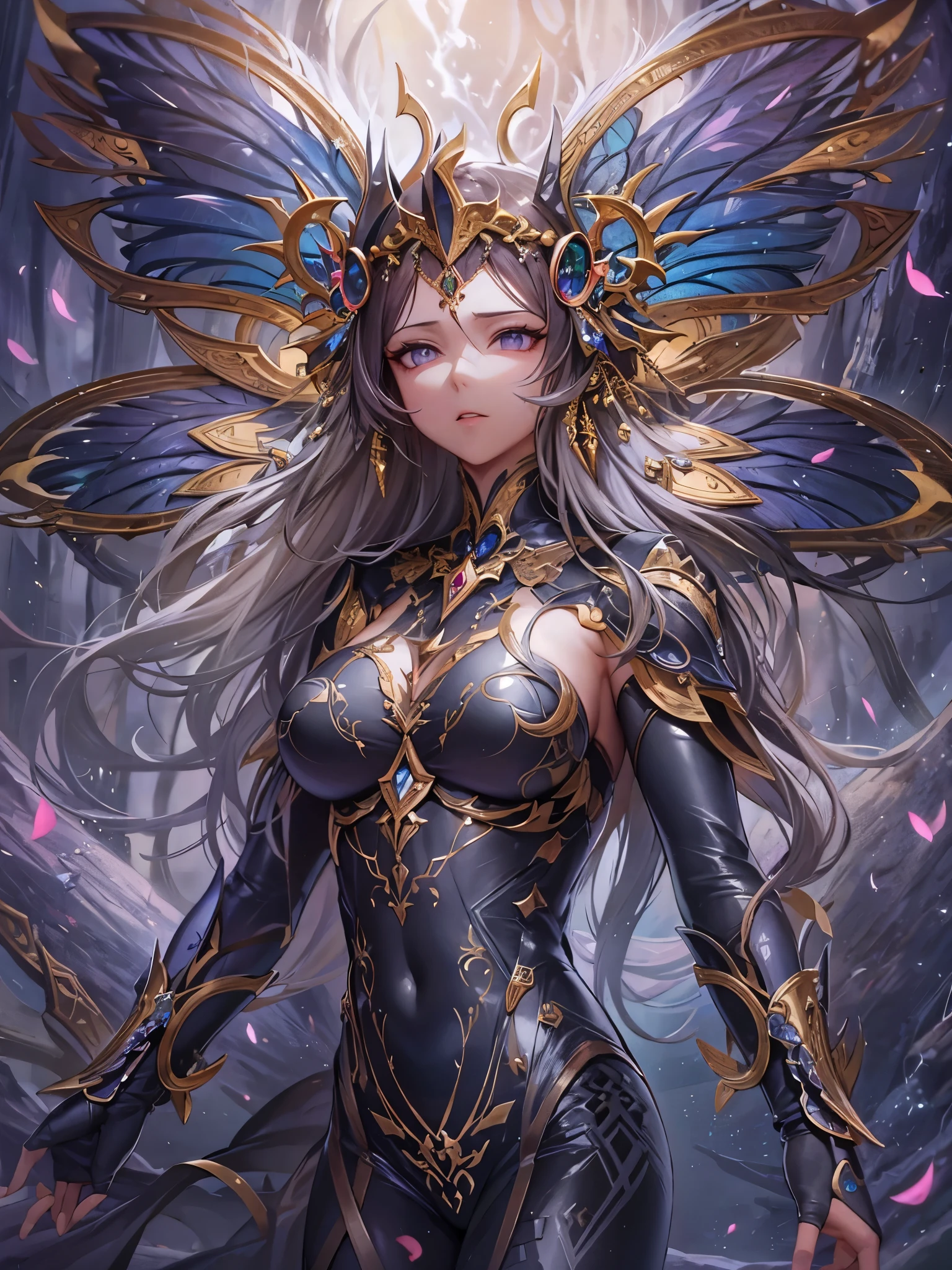 ((masterpiece:1.2, best quality, )), ultra detailed, Ultra-precise depiction, Ultra-detailed depiction, BREAK, long black hair, 1girl, wide hips, medium breast, (smooth skin, shiny skin), BREAK, (high-low skirt:1.2), BREAK, (zentangle, fractal art:1.2), (abstract background:1.5), multicolors, BREAK, cowboy shot, (dynamic pose), BREAK