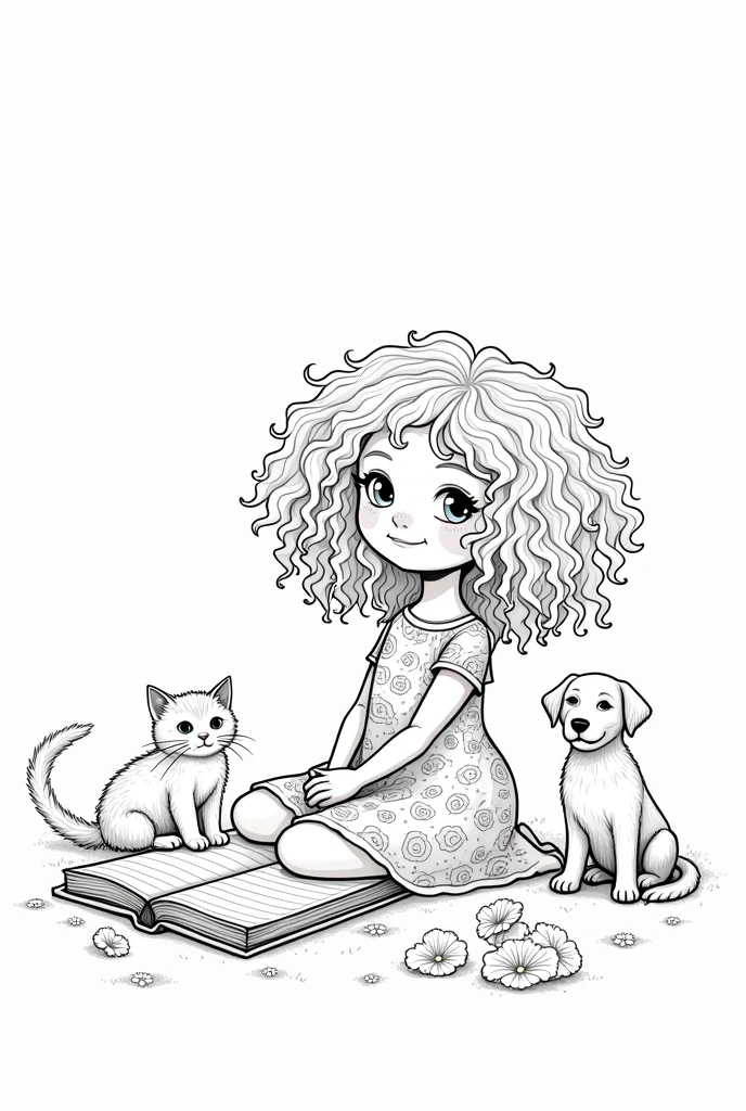 Create an illustration for a children&#39;s coloring book, which can be used in the Zara store. Leave the clothes and background without color., so that children can color them to their liking. A girl sits near a flowerbed with a dozen daisies. Her hair is long, removed with a hoop. She is wearing a short polka dot sundress with straps.. On the feet are sandals. There is a white kitten sitting nearby. 
 The background may contain garden elements - grass, trees, sky, clouds