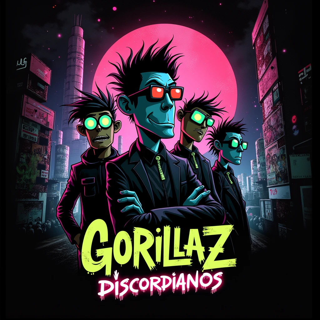 a closeup of four different color images of a person with glasses, estilo Gorila, Gorila, Arte Gorillaz, Gorillaz Fase 1, gorillaz album cover, 2 D Gorillaz, Gorillaz e Daft Punk Records, 2 d estilo anime, inspirado em Jamie Hewlett, 2d de Gorila, 2 d de Gorila, fanart oficial