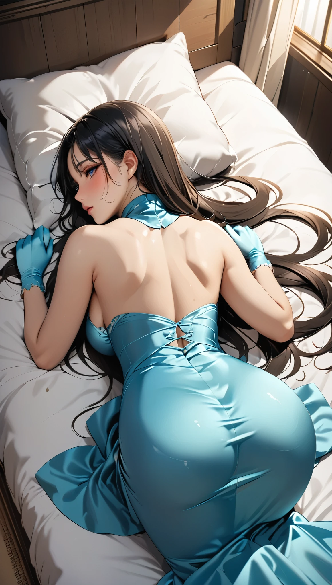 (masterpiece,Best Quality,Ultra-high resolution),bedroom,Japanese women,Attractive look, Beautiful straight long hair,(((Very beautiful 20 year old))),Big Breasts,((Black satin high neck long dress)),(Tight fit),Satin Opera Gloves、stockings、Satin has a very strong luster、Looking back with his back to me、She is lying face down on the bed,She is lying down with her upper body facing up and her butt is sticking out., Sticking out her butt