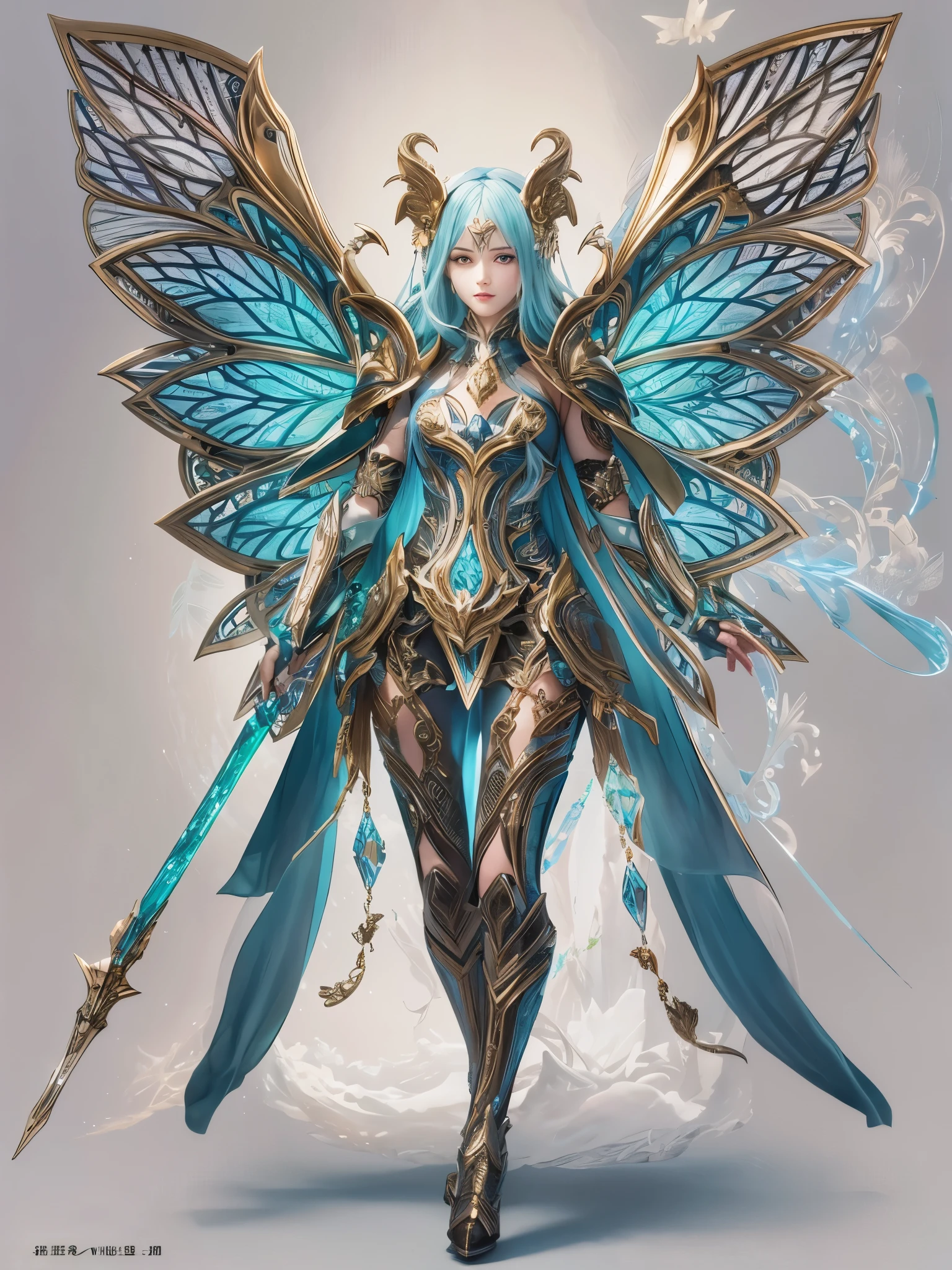  ((Best Quality)),(Ultra-high resolution),(Super detailed),(Detailed Description),((The best CG)),(masterpiece),Highly detailed art,(Art with precise detail:1.5), Guardian of the Ethereal Realm, Emerald, sapphire, amethyst, With bright, shiny butterfly wings, Complex Armor, pupil, Supple, Crimson and obsidian shades, 