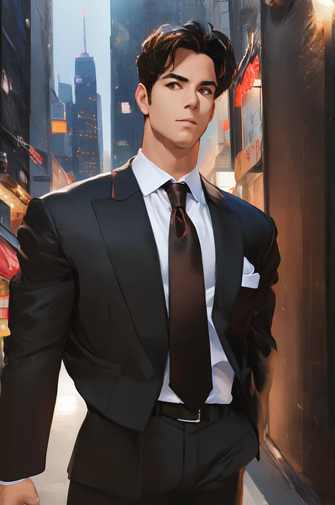 (absurdres, highres, ultra detailed, realistic, ), 1 male, solo, adult, mature, tall muscular guy, broad shoulders, handsome, very short hair, black hair, brown eyes, angular jaw, thick neck, thick eyebrows, night, dark, the night view of the city background, formal suit, necktie, upper body